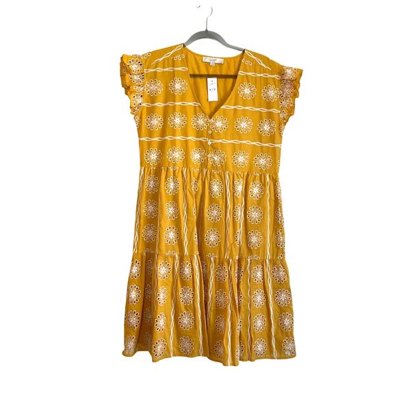 LOFT Dresses & Skirts - Loft Eyelet Embroidered Tiered Cotton Knee Length Dress Size S Yellow Boho NWT
